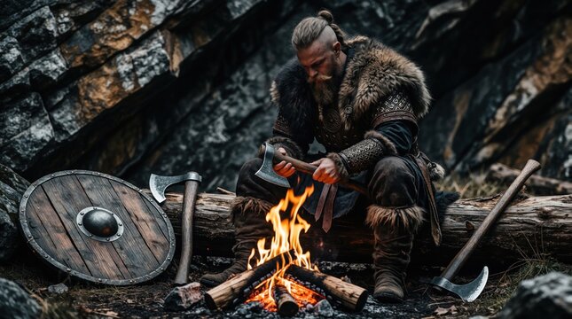 Rugged Viking warrior sits on log by campfire in forest. Bearded man sharpens battle axe near wooden shield, weapon. Historical fighter wears fur clothing, leather armor in wilderness. Medieval
