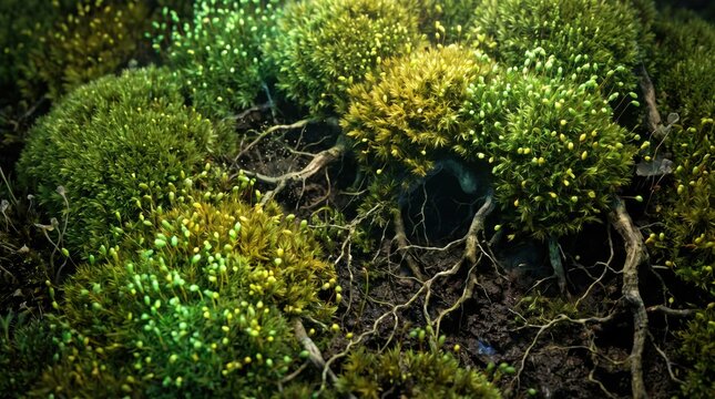 Close-up view of vibrant green moss clusters growing on dark damp soil, interspersed with thin tangled tree roots and tiny glowing yellow spore capsules in a forest environment