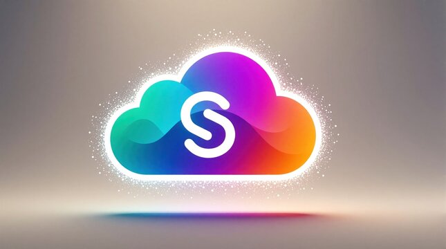 Colorful cloud computing icon with white glowing outline. Abstract digital storage symbol with vibrant gradient colors. Modern tech logo represents data security, internet service, network
