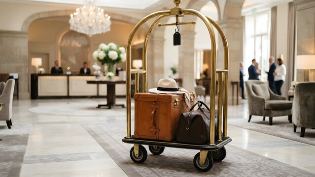 Luggage cart filled with vintage suitcases and hat in a luxurious hotel lobby