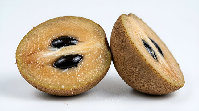 Brown sapodilla fruit cut in half showing juicy brownish orange flesh with two shiny black seeds in center, rough brown textured skin, sweet tropical fruit, clean white background