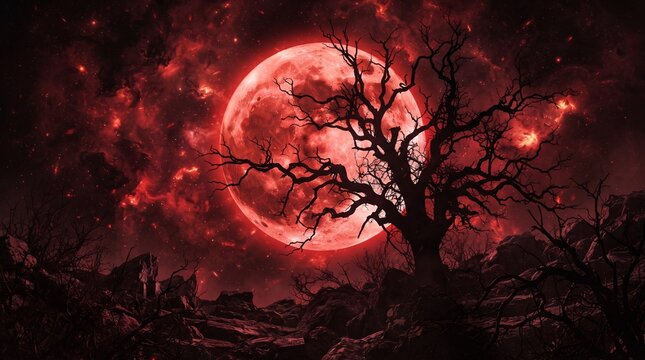 halloween background with red moon and dead tree