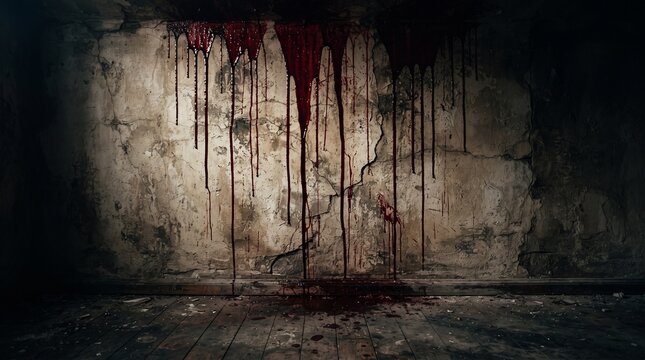 Red paint streaks down wall. Grunge horror texture art, blood like effect. Rough weathered surface, dripping blood. Dark background. Bloody art for crime, Halloween, horror scenes.