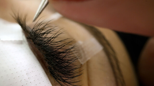 Close up of eyelash extension application with tweezers, black lashes on natural eye, beauty salon procedure