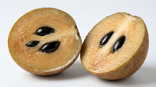 Brown sapodilla fruit cut in half showing juicy brownish orange flesh with two shiny black seeds in center, rough brown textured skin, sweet tropical fruit, clean white background