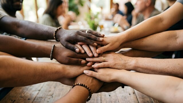 Diverse group of people stacking hands together in unity and teamwork on wooden table, concept of community and collaboration