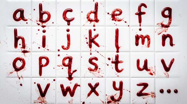 Letters A-Z (English lowercase) dripping with blood on white bac