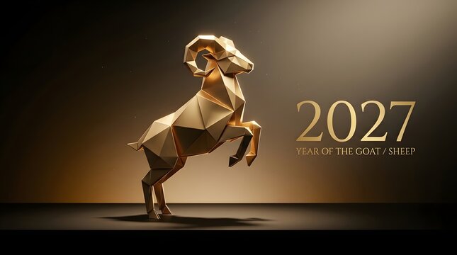 Golden Ram of 2027: A striking low-poly golden ram sculpture, symbolizing the Year of the Goat/Sheep, leaps dynamically against a dramatic, gradient background with the year prominently displayed.