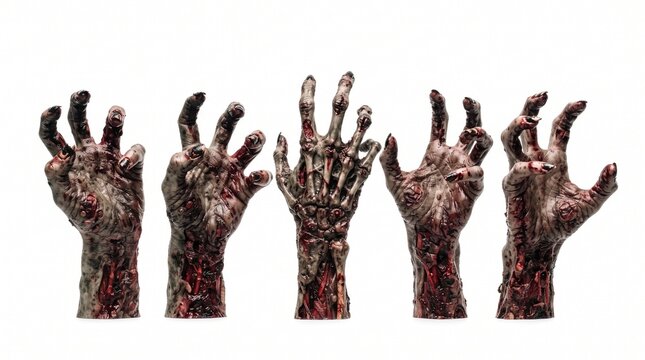 Set of zombie hands reaching up, isolated on transparent cutout background