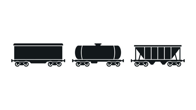 Depicting different types railway train cars, including boxcar, tanker car, hopper car on background