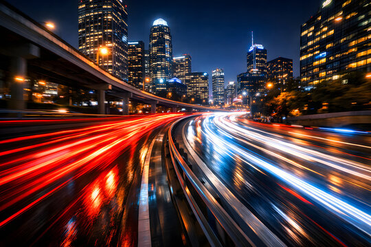 Dynamic city highway at night, long exposure captures vibrant light trails from moving vehicles, urban skyline.