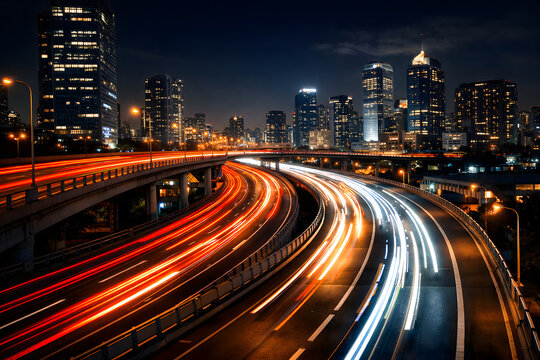 Dynamic city highway at night, long exposure captures vibrant light trails from moving vehicles, urban skyline.