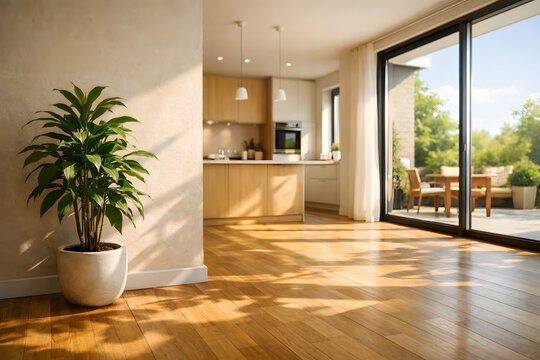 Empty modern minimalist sunlit living room with natural wooden parquet flooring, a potted green plant casting soft shadows on a beige plaster wall, and a kitchen background for interior design