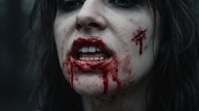 Bloody mouth and teeth of girl. Vampire Halloween makeup with dripping blood