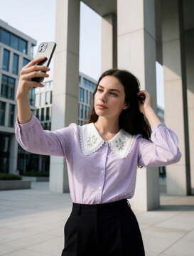 Young brunette woman takes selfie with smartphone in city. Stylish girl in purple checkered blouse adjusts long hair against modern architecture background. Confident female uses mobile phone for