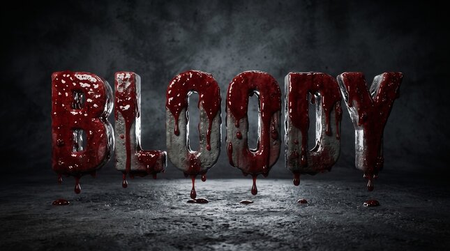 Bloody text effect with dripping red liquid, horror movie title design on dark background, 3D glossy blood letters for halloween posters