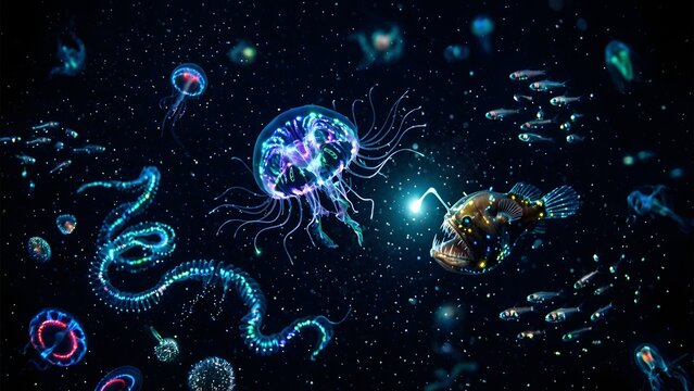 Deep sea bioluminescent life with anglerfish and jellyfish in dark ocean abyss