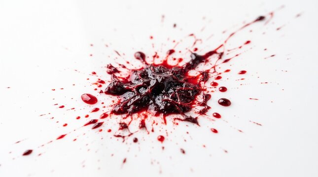real sticky blood splatters on white background from  a cough of operation patient. concept : sick, illness, murder, halloween.