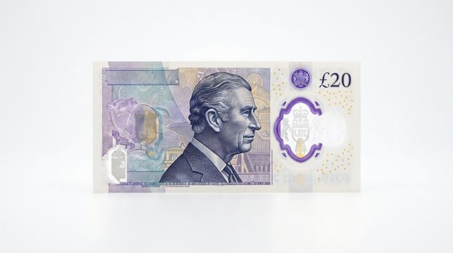 Twenty Pounds Sterling Paper Currency with Portrait of King Charles Third Isolated on White Background for Financial and Banking News and Economic Illustrative Projects