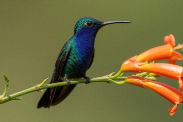 Obraz premium Colorful Talamanca hummingbird perches on green stem with orange flowers. Small blue, green bird sits near bright blossoms in tropical rainforest. Rare Eugenes spectabilis species shows beautiful