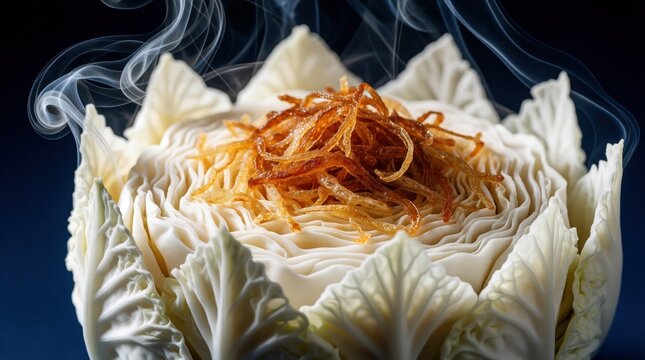 Macro view of white cabbage head with rising steam. Crispy fried onion shreds sit on top of vegetable. Dark background makes smoke swirl around organic food texture. Creative still life concept for