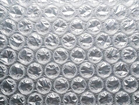 Clear bubble wrap texture close up, air cushions form repeating pattern. Protective plastic surface from top view, abstract background for packaging and shipping.