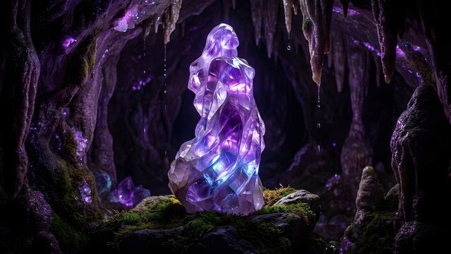 Enchanting crystal sculpture in a glowing purple cave, surreal fantasy art