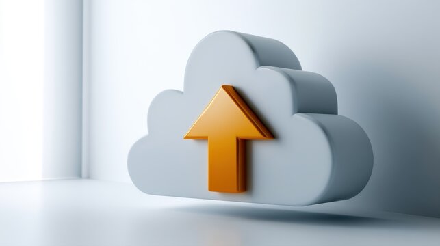 Three-dimensional cloud icon with orange upward arrow symbolizing data upload and digital storage concept in modern minimal environment