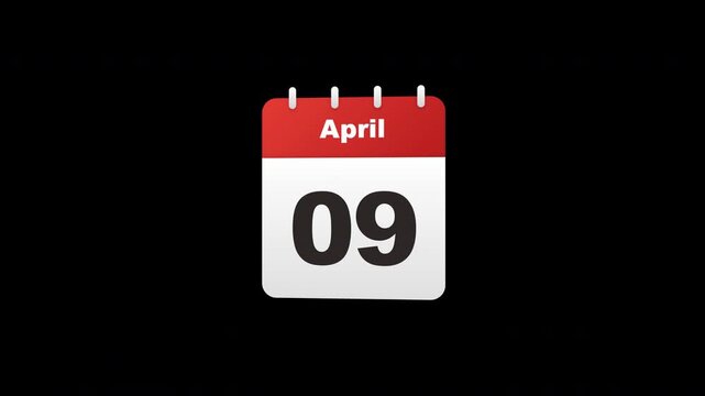 Minimalist calendar icon with red top header showing April 09 against dark solid background, representing finance timeline planning, deadline scheduling, and event reminders for business