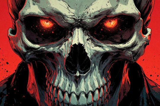 Close up digital illustration of scary skull with glowing red eyes. Sinister bone head with sharp teeth looks at viewer. Dark horror art with blood red background. Creepy undead monster face for