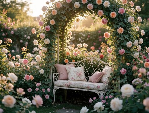 Romantic white iron bench sits under rose archway in secret garden. Pastel pink, cream roses bloom around vintage seating area. Soft golden hour light shines through plants in english backyard.