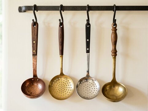Vintage kitchen utensils hanging on a metal rack against a wall. Copper and brass ladles and skimmers with wooden handles on hooks