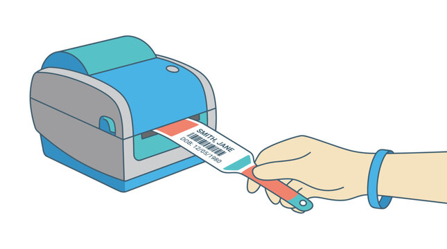 Hand holding patient id wristband printing from machine, isolated