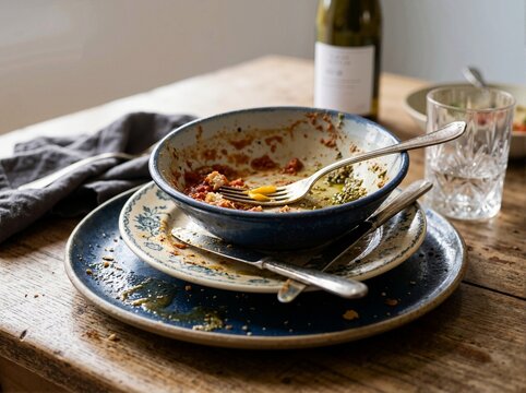 Stack of dirty dishes with food leftovers and cutlery on a rustic wooden dining table. Messy unwashed plates and bowl after a meal. Housework and kitchen cleaning chore concept