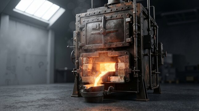 Old rusty iron melting furnace pouring molten metal into a crucible. Active foundry casting process in a dark industrial workshop
