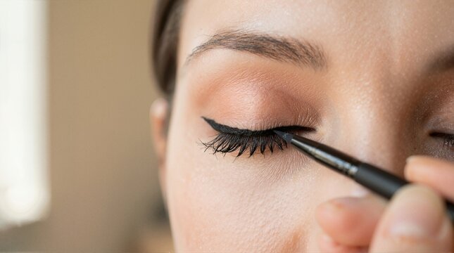 Close-up of a black eyeliner brush applying makeup to a closed eye. Winged eyeliner application on a woman's eyelid