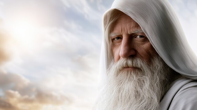 Portrait of a wise elderly man with a long white beard wearing a hooded robe against a dramatic cloudy sky background