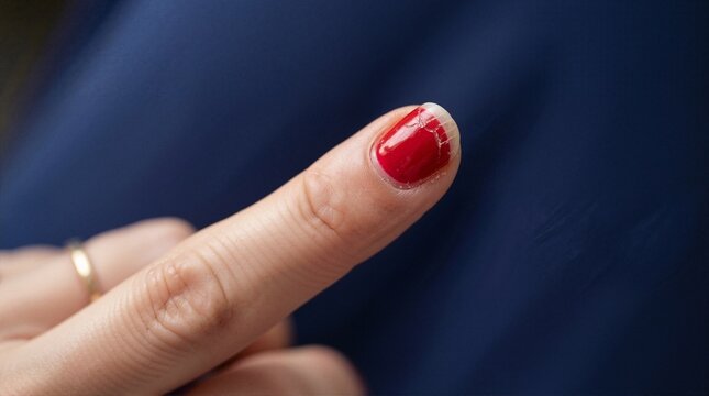 Close-up of a finger with red polish and a cracked nail tip. Chipped manicure and damaged nail concept