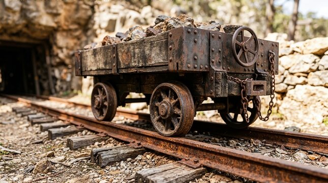 Old mining cart filled with ore on rusty tracks. Vintage mine trolley outside a tunnel entrance