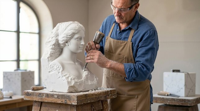 Sculptor carving a white marble bust in a workshop. Male artist working with chisel and mallet