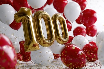 Naklejka premium Festive scene with golden number balloons celebrating a milestone surrounded by floating red and white balloons and sparkling confetti in vibrant colors