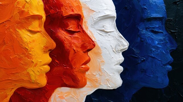 Artistic representation of textured human profiles in vibrant colors transitioning from warm yellow and red hues to cool white and deep blue, symbolizing diversity a