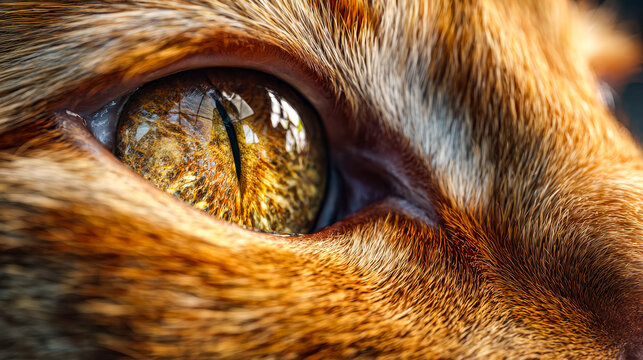 Close-up of a feline eye with reflections of autumn leaves and branches