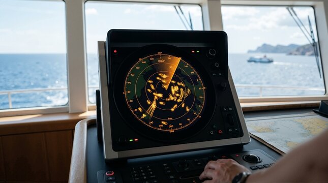 Marine radar screen on a ship bridge. Navigation display showing radar sweeps with ocean view through the window