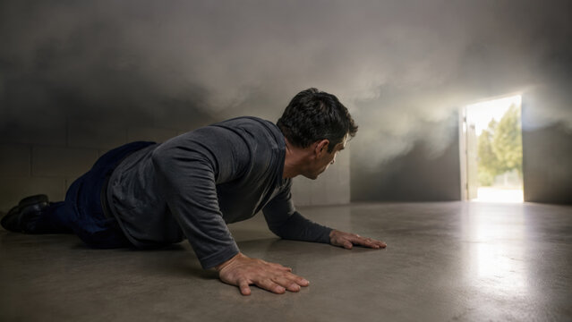 Man adult dark smoke floor emergency fire safety adult man crawling across floor through dark smoke toward bright exit with urgent expression