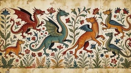 Fototapeta premium Medieval style illustration features various mythical dragons, ornate floral elements. Artwork shows fantastic creatures in earthy tones with decorative patterns suitable for historical fantasy