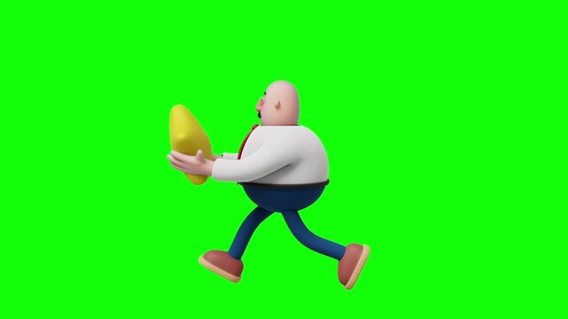 A 3D cartoon illustration of a bald, overweight businessman running in a side view while holding a large yellow star. The character is wearing a white shirt, red tie, blue pants, and brown shoes