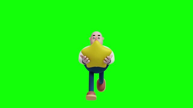 A 3D cartoon illustration of a bald, overweight businessman shown from the front. The character has a large yellow star covering his head, wears a white shirt, red tie, blue pants, and brown shoes
