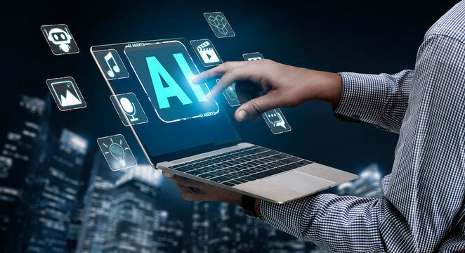Innovative Technology Concept of Artificial Intelligence with Laptop and Digital Interface Over Cityscape at Night Quark.