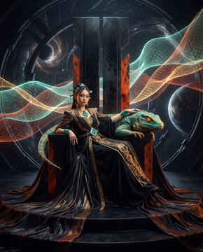 Elegant woman in ornate black-gold gown sits on metallic throne petting teal lizard amid cosmic planets and swirling lights